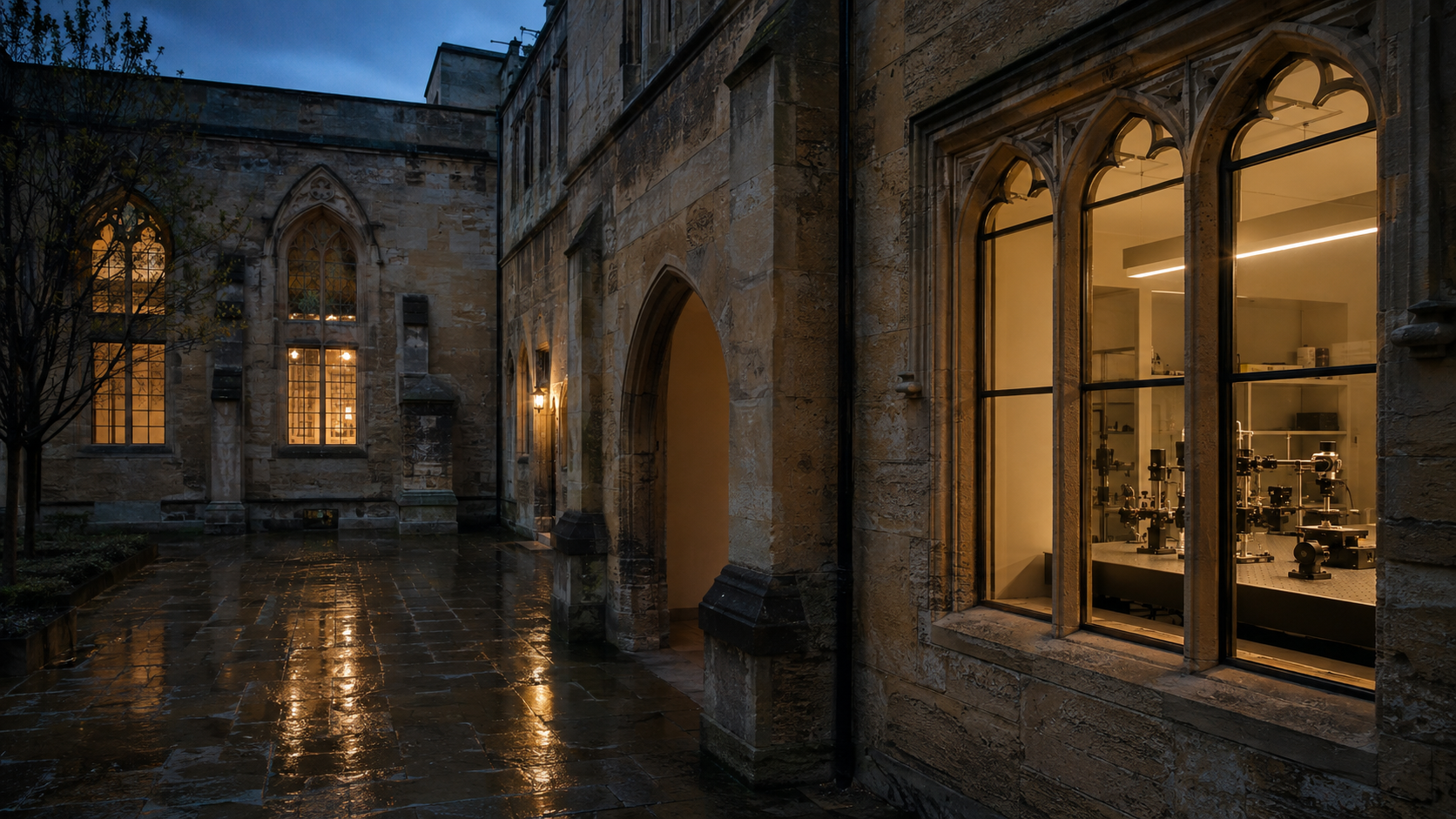 A collegiate limestone research courtyard at blue hour